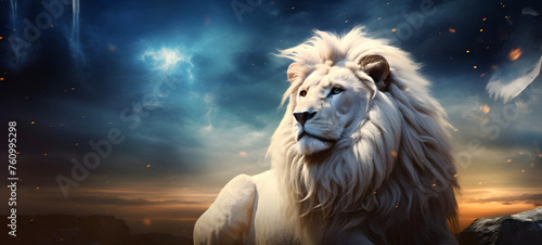 photograph of a white lion adorned in celestial sun and moon, ai generative