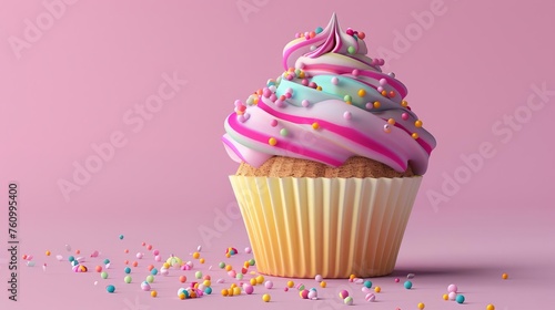Adorable colorful cupcake with sprinkles on a pink background, 3D render