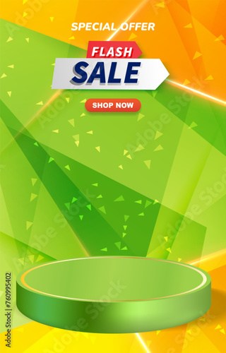 special offer flash sale discount template banner with blank space 3d podium for product sale with abstract gradient green and yellow background design2