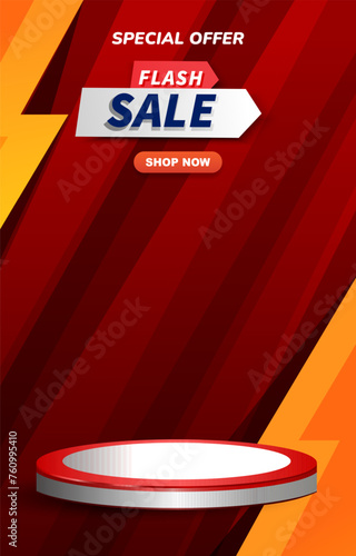 special offer flash sale discount template banner with blank space 3d podium for product sale with abstract gradient red and orange background design4