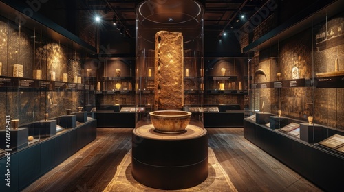 Ancient Artifact Exhibition in Dim Lighting