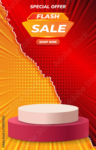 special offer flash sale discount template banner with blank space 3d podium for product sale with abstract gradient red and orange background design2
