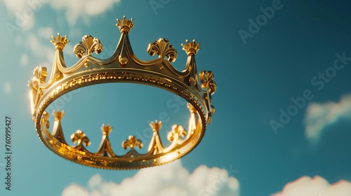 An abstract golden crown floating in a heavenly blue sky, 3D render