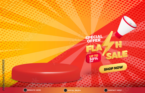 special offer flash sale discount template banner with blank space 3d podium for product sale with abstract gradient red and purple background design