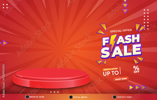 special offer flash sale discount template banner with blank space 3d podium for product sale with abstract gradient red and orange background design7