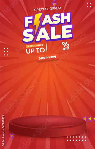 special offer flash sale discount template banner with blank space 3d podium for product sale with abstract gradient red background design8