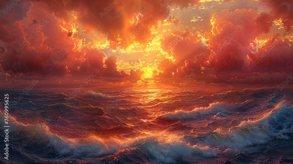 Inferno Seas: Fiery Sunset Over Roiling Waves Inferno Seas: Fiery Sunset Over Roiling Waves