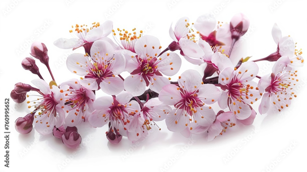 Delicate cherry blossom flowers isolated on white background, floral nature photography