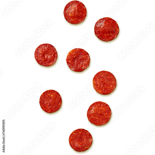 Rounded pepperoni isolated on transparent background , food flat lay concept.