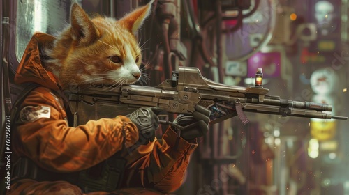 Illustration of an animal dressed in cyberpunk clothing holding a sophisticated firearm. AI generated