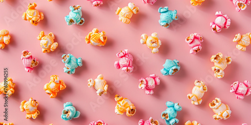 colorful popcorn on rose pink background, flat lay pattern, diversity concept