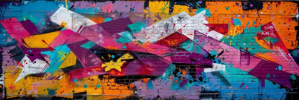 Colorful Graffiti Wall Art with Nature and Cityscape Elements
