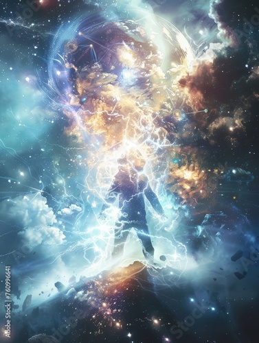 Spaceman summoning cosmic energy, A cosmic blend of galaxies, nebulae, and stars, painting a mesmerizing tapestry of light and mystery in the depths of the universe