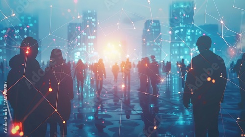 Silhouettes of diverse people connected in network, city skyline background, business and technology concept photo