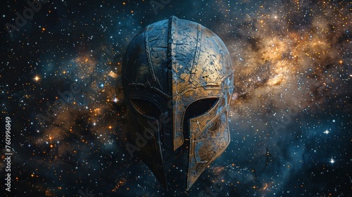Warrior's Helmet Amidst the Galactic Tapestry