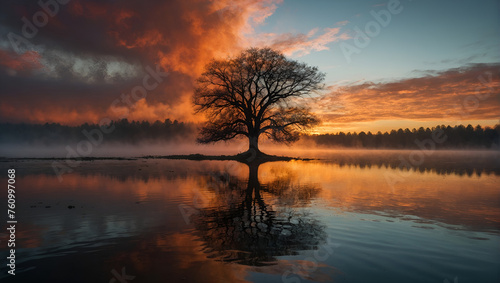 Sunset Over Lake with Lone Tree