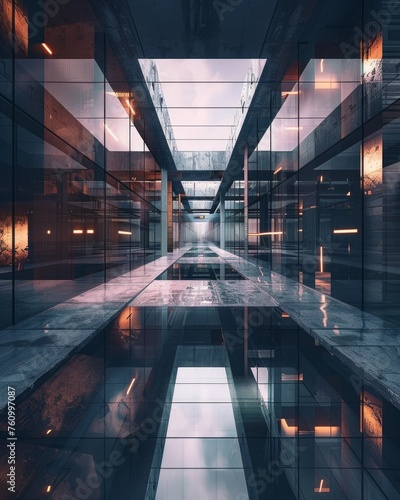 Reflective Urban Corridor in Twilight