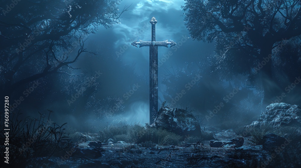 Naklejka premium Sunbeam Illuminated Sword in Verdant Forest