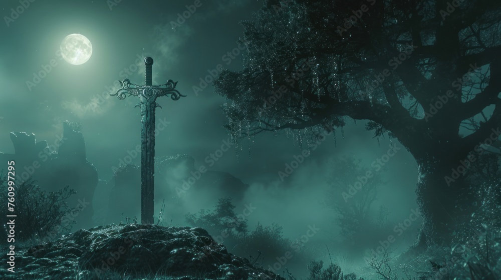 Naklejka premium Moonlit Excalibur in Enigmatic Forest