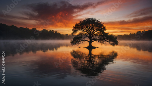 Sunset Over Lake with Lone Tree