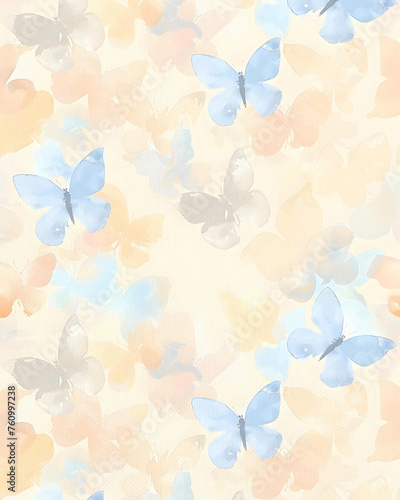 Light orange and blue butterfly on a beige background, Canvas texture