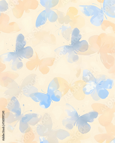Light orange and blue butterfly on a beige background  Canvas texture