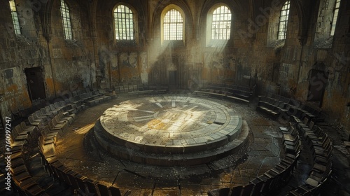 Majestic Round Table in Sunlit Medieval Cathedral