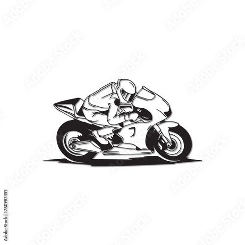 simple thick line drawing of realistic gp racing motorbike with side view of thick line vector logo on white background