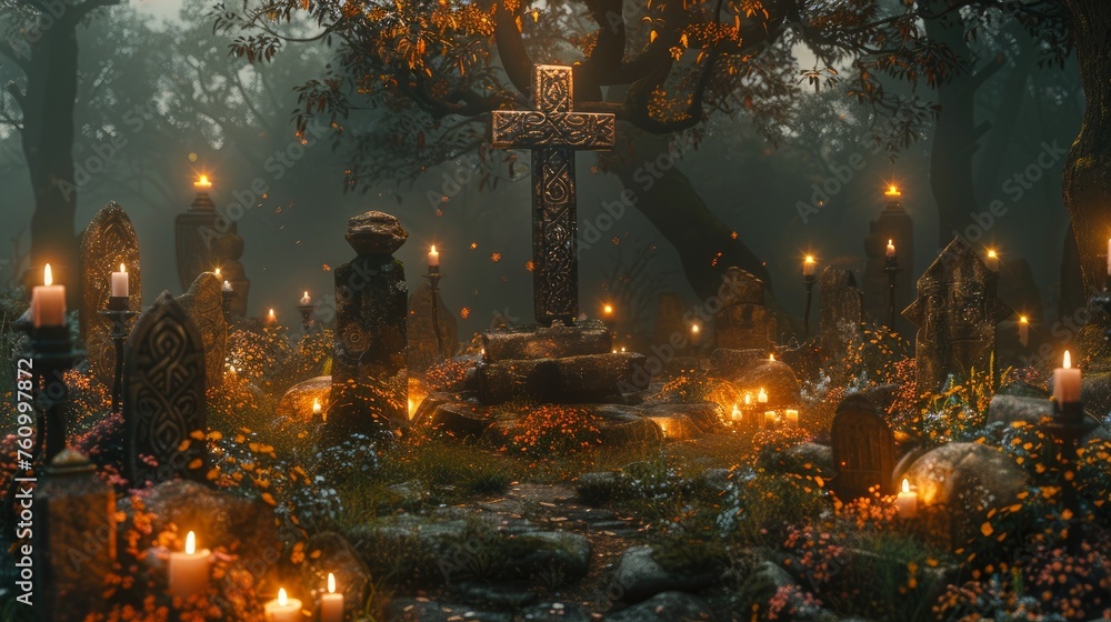 Enchanted Viking Cemetery with Magical Glow - Ethereal Nordic Mythology Scene - obrazy, fototapety, plakaty 