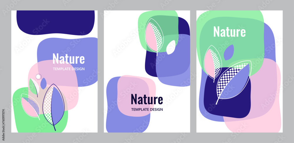 Set of vector illustrations with colorful abstract leaves and geometric shapes. Fashionable design templates, modern style. Useful for cover, flyer, poster. Vector