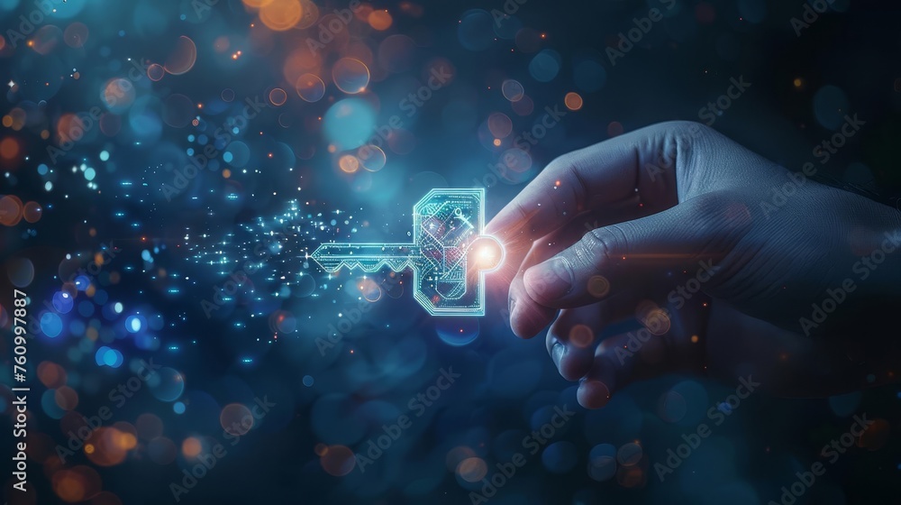 Futuristic image of person's hand holding glowing digital key, unlocking advanced technology and innovation - obrazy, fototapety, plakaty 
