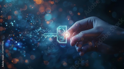 Futuristic image of person's hand holding glowing digital key, unlocking advanced technology and innovation photo