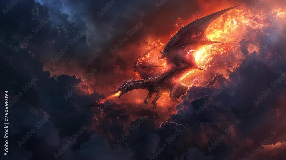 Majestic dragon soaring through a stormy sky, breathing fire and illuminating the dark clouds, digital fantasy illustration