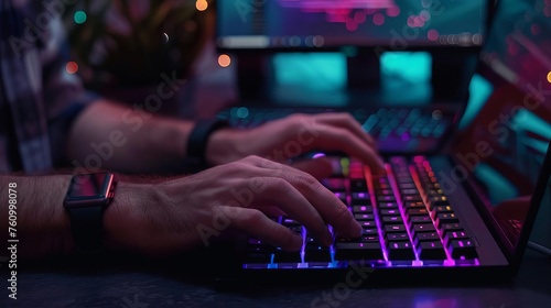 Man's hands typing on illuminated laptop keyboard at night, working or gaming