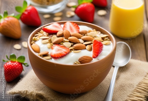 Cup of muesli with yogurt and strawberries with almonds