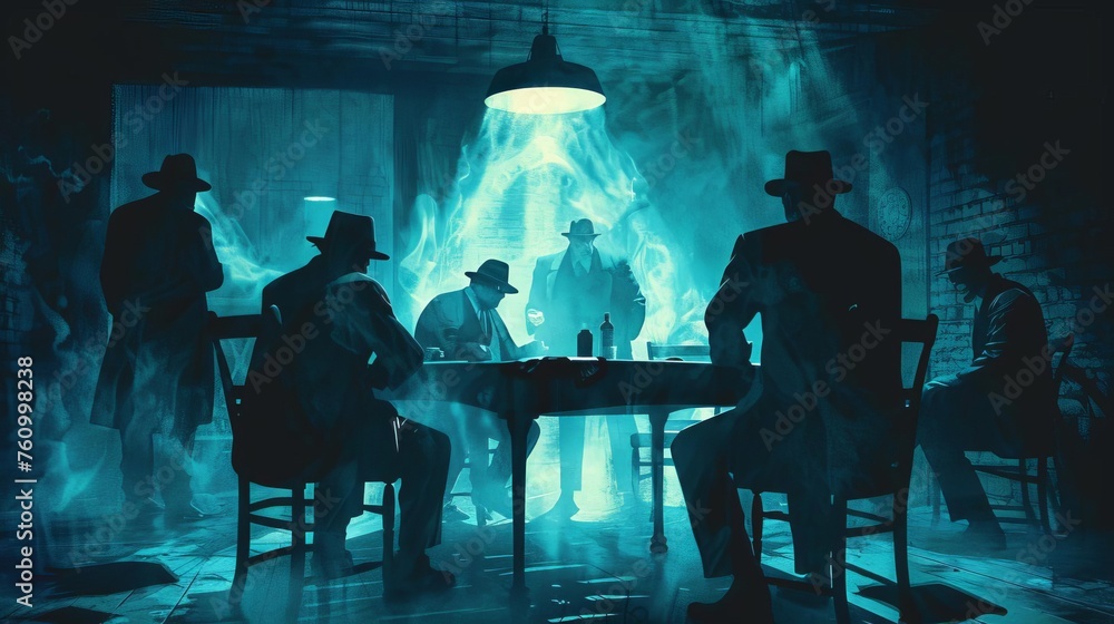 Shadowy mafia meeting in dimly lit room, plotting their next move in the city's underworld, atmospheric illustration Shadowy mafia meeting in dimly lit room, plotting their next move in the city's underworld, atmospheric illustration