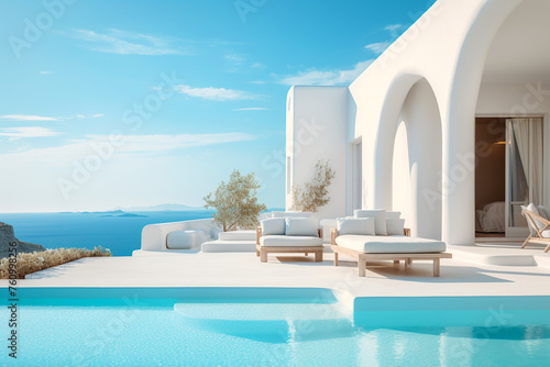 Traditional mediterranean white house with pool on hill with stunning sea view. Summer vacation background. © Vadim Andrushchenko