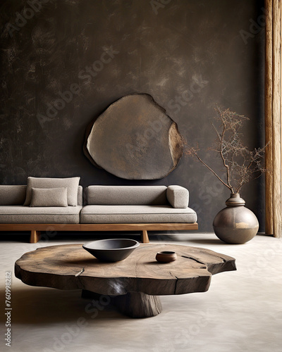 Nomadic interior design of modern living room, home. Live edge coffee table near grey rustic sofa against black venetian stucco wall.