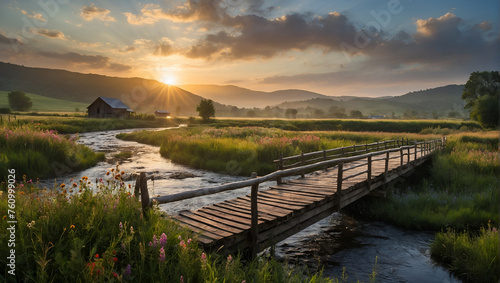 Mountain Landscape with Wooden Bridge on a Spring Day