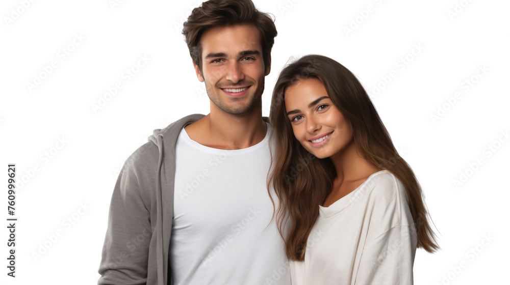 Portrait of happy smiling young couple hugging each other, isolated cutout people on transparent background Portrait of happy smiling young couple hugging each other, isolated cutout people on transparent background