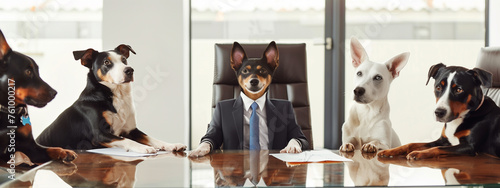 Whimsical chairman and other dogs in formal office meeting. © Pink Badger