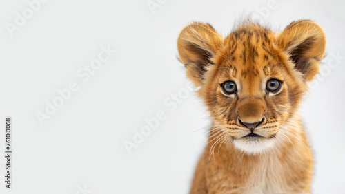 Close up of a cute lion cub isolated on a white background, concept for wild life preservation, copy space, horizontal banner 16:9, shallow depth of field © Zoran Karapancev