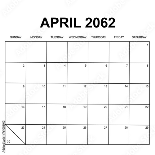 april 2062. monthly calendar design. week starts on sunday. printable, simple, and clean vector design isolated on white background.