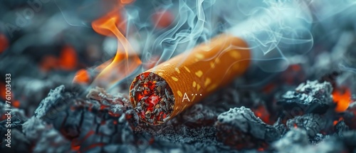 Close-up of a burning cigarette with a toxic symbol in the smoke, warning of the poisonous chemicals in tobacco. photo