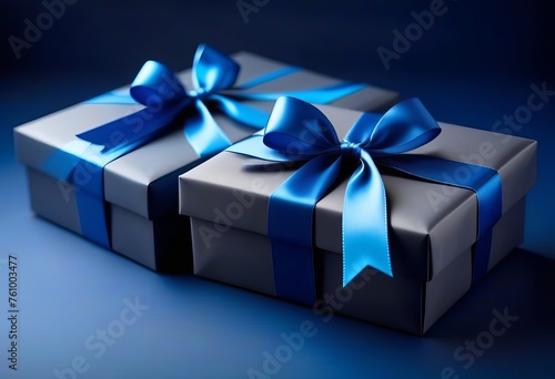 Two Luxury gift boxes with a blue bow on dark blue. Side view monochrome