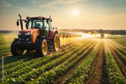 Tractor machine spraying pesticide fertilizer on soybean crop farmland. agriculture  farming and harvesting