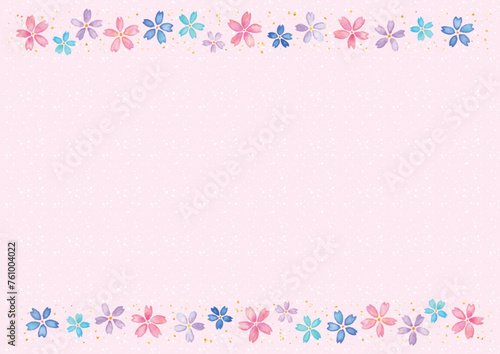 ピンク背景の水彩風のかわいい桜の背景-横型