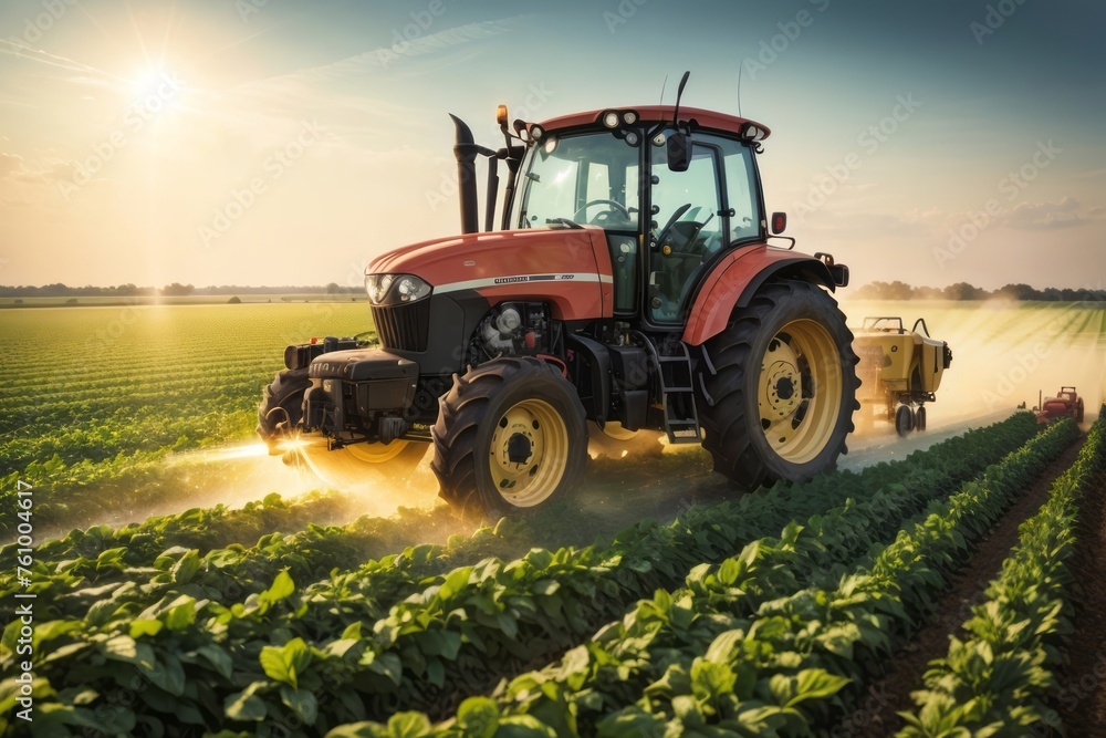 Tractor machine spraying pesticide fertilizer on soybean crop farmland. agriculture, farming and harvesting Tractor machine spraying pesticide fertilizer on soybean crop farmland. agriculture, farming and harvesting