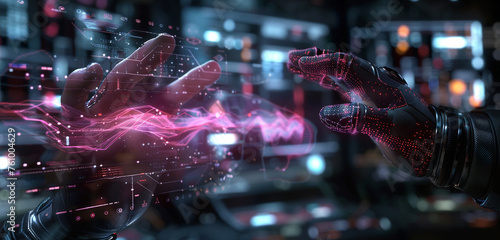 Close view of space gloves holding a holographic display projecting maroon data waves, hands analyzing quantum computing simulations