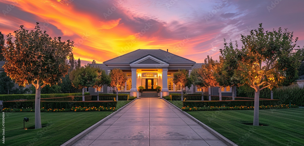 A traditional house design with a symmetrical facade, featuring apple trees in the front yard instead of oranges, set against a vibrant sunset sky
